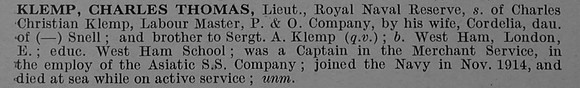 Klemp C T Lt H.M. Submarine E.41 Royal Naval Reserve Short Obit De Ruvignys Roll Of Honour Vol 4