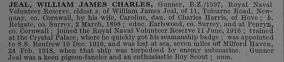 Jeal W J C Gnr Z/1597 S.S. Renfrew Royal Naval Volunteer Reserve Obit De Ruvignys Roll Of Honour Vol 4