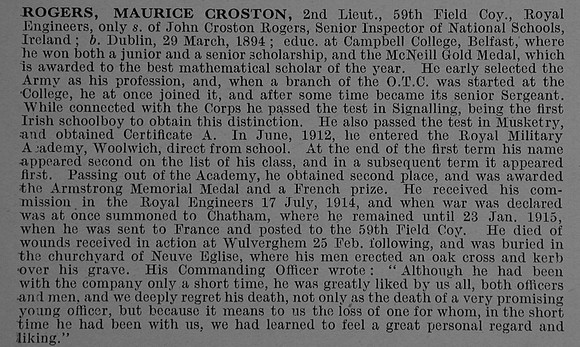 Rogers M C 2nd Lt Royal Engineers Obit De Ruvignys Roll Of Honour Vol 4
