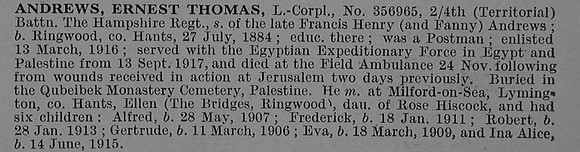 Andrews E T L/Cpl 356965 4th Hampshire Regiment Obit De Ruvignys Roll Of Honour Vol 4