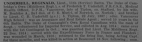 Underhill  R Lt 11th Middlesex Regiment Obit De Ruvignys Roll Of Honour Vol 4
