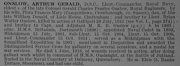 Onslow A G Lt Comm DSC H.M.S. Onslaught Royal Navy Obit De Ruvignys Roll Of Honour Vol 4