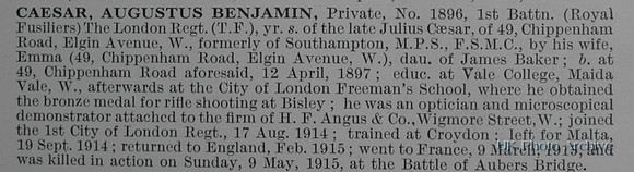 Caesar A B Pte 1896 1st London Regiment (Royal Fusiliers) Obituary De Ruvignys Roll Of Honour Vol 1