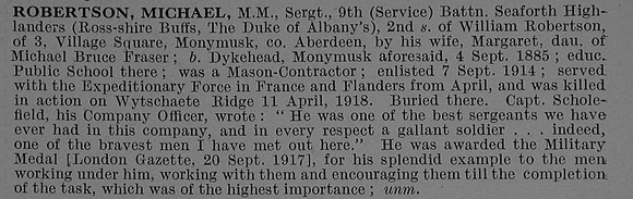 Robertson M Sergt MM S-7050 9th Seaforth Highlanders Obit De Ruvignys Roll Of Honour Vol 4