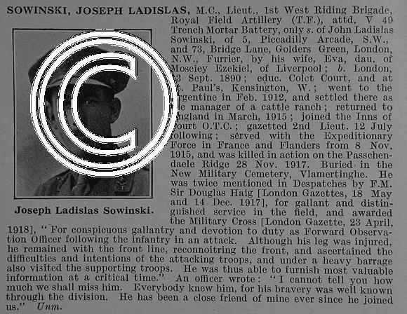 Sowinski J L Lt MC Royal Field Artillery Obit De Ruvignys Roll Of Honour Vol 4