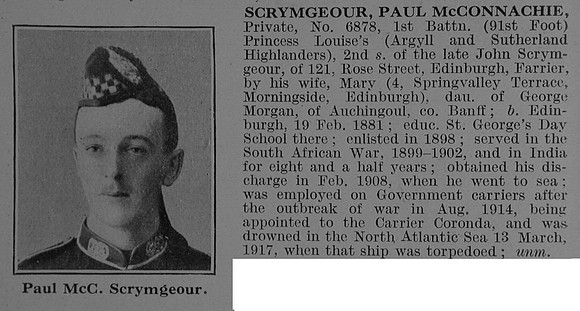 Scrymgeour P M Fireman S.S. Coronda (Leith) Mercantile Marine Formerly 1st Argyll & Sutherland Highlanders Obit De Ruvignys Roll Of Honour Vol 3