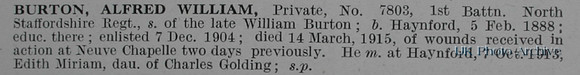 Burton A W Pte 7803 1st North Staffordshire Regiment Short Obituary De Ruvignys Roll Of Honour Vol 1