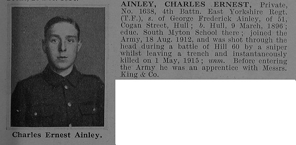 Ainley C E Pte 1638 4th East Yorkshire Regiment Obit De Ruvignys Roll Of Honour Vol 1