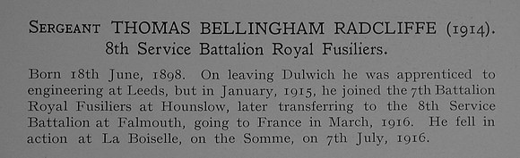 Radcliffe T B Sergt 10942 8th Royal Fusiliers Short Obit Dulwich College Roll Of Honour