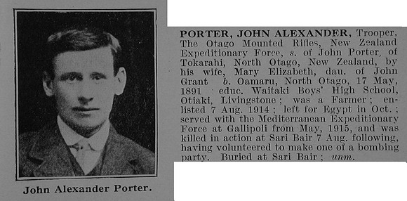 Porter J A Tpr 9-75 Otago Mounted Rifles, N.Z.E.F. Obit De Ruvignys Roll Of Honour Vol 5
