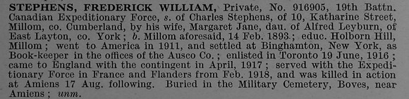 Stephens F W Pte 916905 19th Canadian Infantry (Central Ontario Regiment) Obit De Ruvignys Roll Of Honour Vol 4
