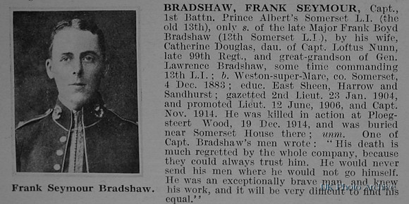 Bradshaw F S Captain 1st Somerset Light Infantry Obituary De Ruvignys Roll Of Honour Vol 1
