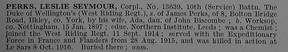 Perks L S Cpl 13639 10th West Riding Regiment Short Obit De Ruvignys Roll Of Honour Vol 4