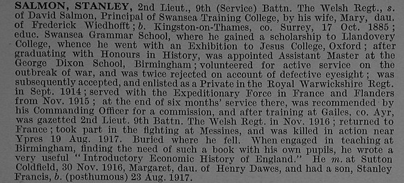 Salmon S 2nd Lt 9th Welsh Regiment Obit De Ruvignys Roll Of Honour Vol 4