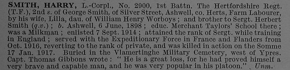 Smith H LCpl 2900 1st Hertfordshire Regiment Obit De Ruvignys Roll Of Honour Vol 4