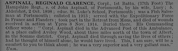 Aspinall R C Cpl 1st Hampshire Regiment Obit De Ruvignys Roll Of Honour Vol 4