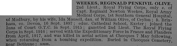 Weekes R P O 2nd Lt Royal Flying Corps Obit De Ruvignys Roll Of Honour Vol 4