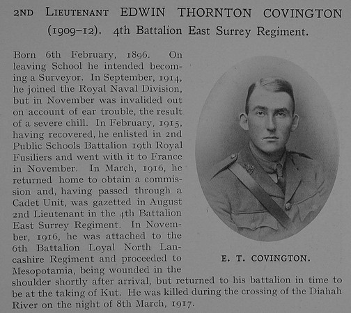 Covington E T 2nd Lt 4th East Surrey Regiment Attd 6th The Loyal North Lancashire Regiment Obit Dulwich College Roll Of Honour