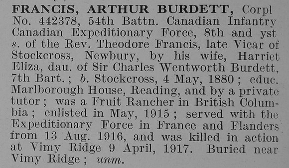 Francis A B Cpl 54th Canadian Expeditionary Force Obit De Ruvignys Roll Of Honour Vol 3