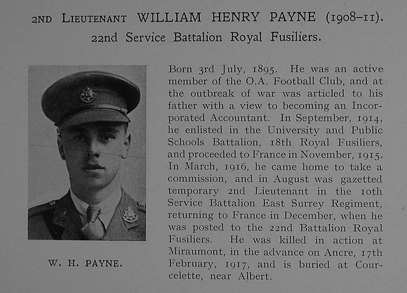 Payne W H 2nd Lt 22nd Royal Fusiliers Obit Dulwich College Roll Of Honour