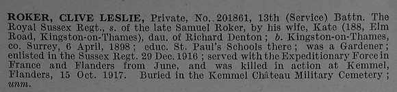 Roker C L Pte 201861 13th Royal Sussex Regiment Obit De Ruvignys Roll Of Honour Vol 4