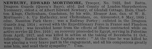 Newbury E M Tpr 7922 2nd Dragoon Guards (Queen's Bays) Attd 2nd County of London Yeomanry (Westminster Dragoons) Obit De Ruvignys Roll Of Honour Vol 4