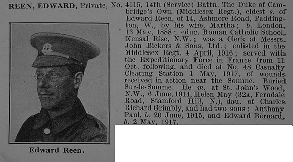 Reen E Pte 4115 14th Middlesex Regiment Obit De Ruvignys Roll Of Honour Vol 4