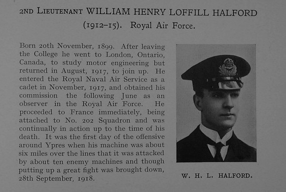 Halford W H L 2nd Lt Royal Air Force Obit Dulwich College Roll Of Honour
