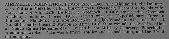 Melville J K Pte 331660 9th Highland Light Infantry (Glasgow Highlanders)  Obit De Ruvignys Roll Of Honour Vol 4