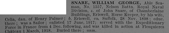 Snare G W AB 1557 Anson Bn. R.N. Div Royal Naval Volunteer Reserve Short Obit De Ruvignys Roll Of Honour Vol 4