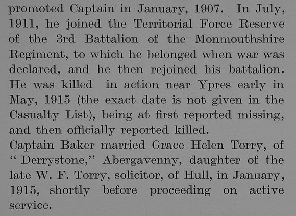 Baker R L Captain 3rd Monmouthshire Regiment Obit Part 2 The Bond Of Sacrifice Vol 2
