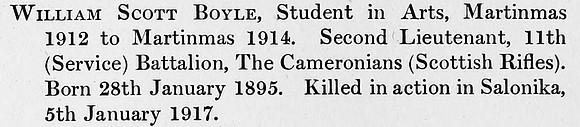 Boyle W S 2nd Lt 11th Cameronians Obit