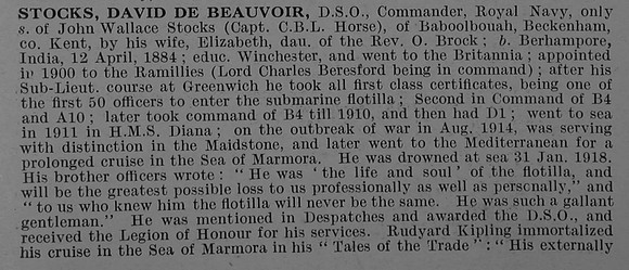 Stocks D de B DSO H.M. Submarine K.4. Royal Navy Obit Part 1 De Ruvignys Roll Of Honour Vol 4