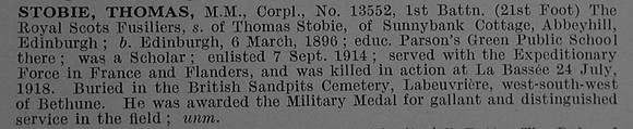 Stobie T Cpl MM 13552 1st Royal Scots Fusiliers Obit De Ruvignys Roll Of Honour Vol 4