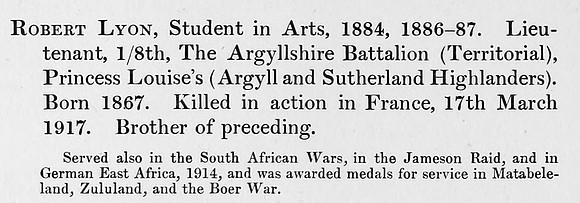 Lyon R Lt 8th Argyll Sutherland Highlanders Obit St Andrews University Roll Of Honour