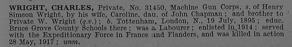 Wright C Pte 31450 Machine Gun Corps Short Obit De Ruvignys Roll Of Honour Vol 4