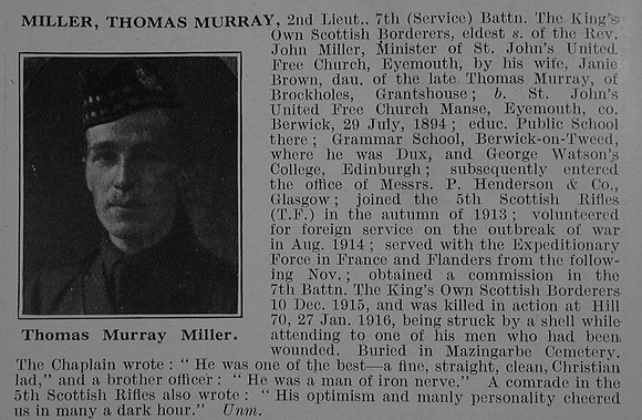 Miller T M 2nd Lt 7th Kings Own Scottish Borderers Obit De Ruvignys Roll Of Honour Vol 3