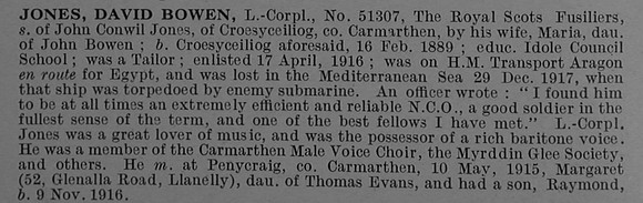 Jones D B LCpl 51307 3rd Royal Scots Fusiliers Obit De Ruvignys Roll Of Honour Vol 4