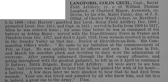 Langford C C Captain Royal Field Artillery Obit De Ruvignys Roll Of Honour Vol 4