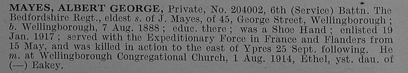 Mayes A G Pte 204002 6th Bedfordshire Regiment Obit De Ruvignys Roll Of Honour Vol 4