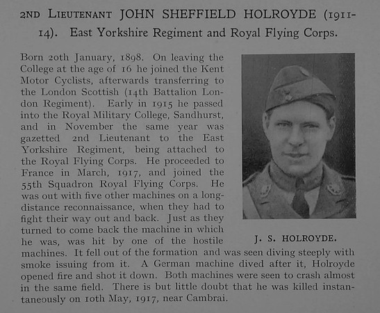 Holroyde J S 2nd Lt East Yorkshire Regiment Attd Royal Flying Corps Obit Dulwich College Roll Of Honour
