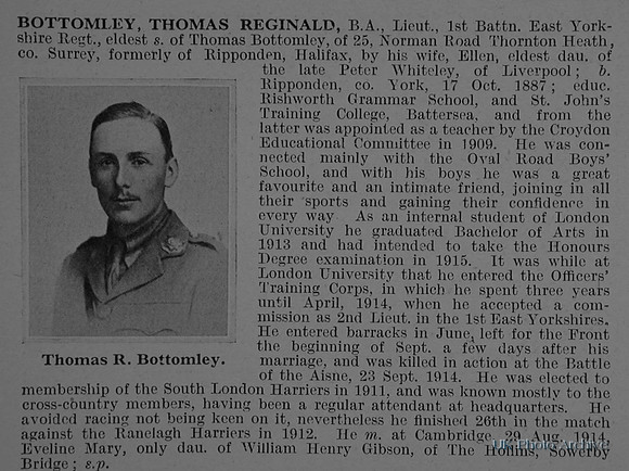 Bottomley T R Lt 1st East Yorkshire Regiment Obituary De Ruvignys Roll Of Honour Vol 1