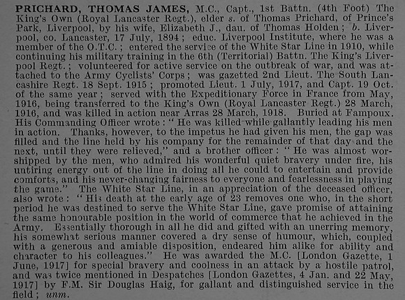 Prichard T J Captain MC 1st Kings Own Royal Lancaster Regiment Obit De Ruvignys Roll Of Honour Vol 4