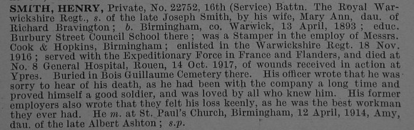 Smith H Pte 22752 16th Royal Warwickshire Regiment Obit De Ruvignys Roll Of Honour Vol 4