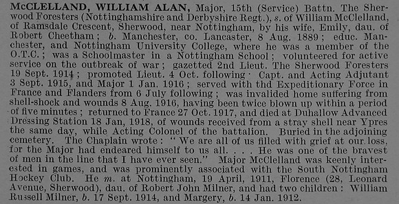 McClelland W A Major 15th Notts & Derby Regiment (Sherwood Foresters) Obit De Ruvignys Roll Of Honour Of Honour Vol 4