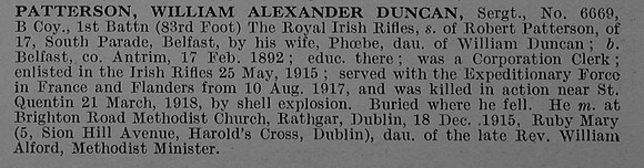 Patterson W A D Sergt 6669 1st Royal Irish Rifles Obit De Ruvignys Roll Of Honour Vol 4
