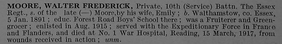 Moore W F Pte  43285 10th Essex Regiment Short Obit De Ruvignys Roll Of Honour Vol 4