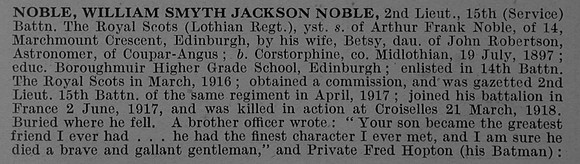 Noble W S J N 2nd Lt 15th Royal Scots Obit Part 1 De Ruvignys Roll Of Honour Vol 4