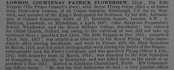 Lowson C P F Lt Rifle Brigade Attd Royal Flying Corps Obit Part 1 De Ruvignys Roll Of Honour Vol 4
