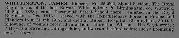 Whittington J Pnr 252692 Royal Engineers Obit De Ruvignys Roll Of Honour Vol 4